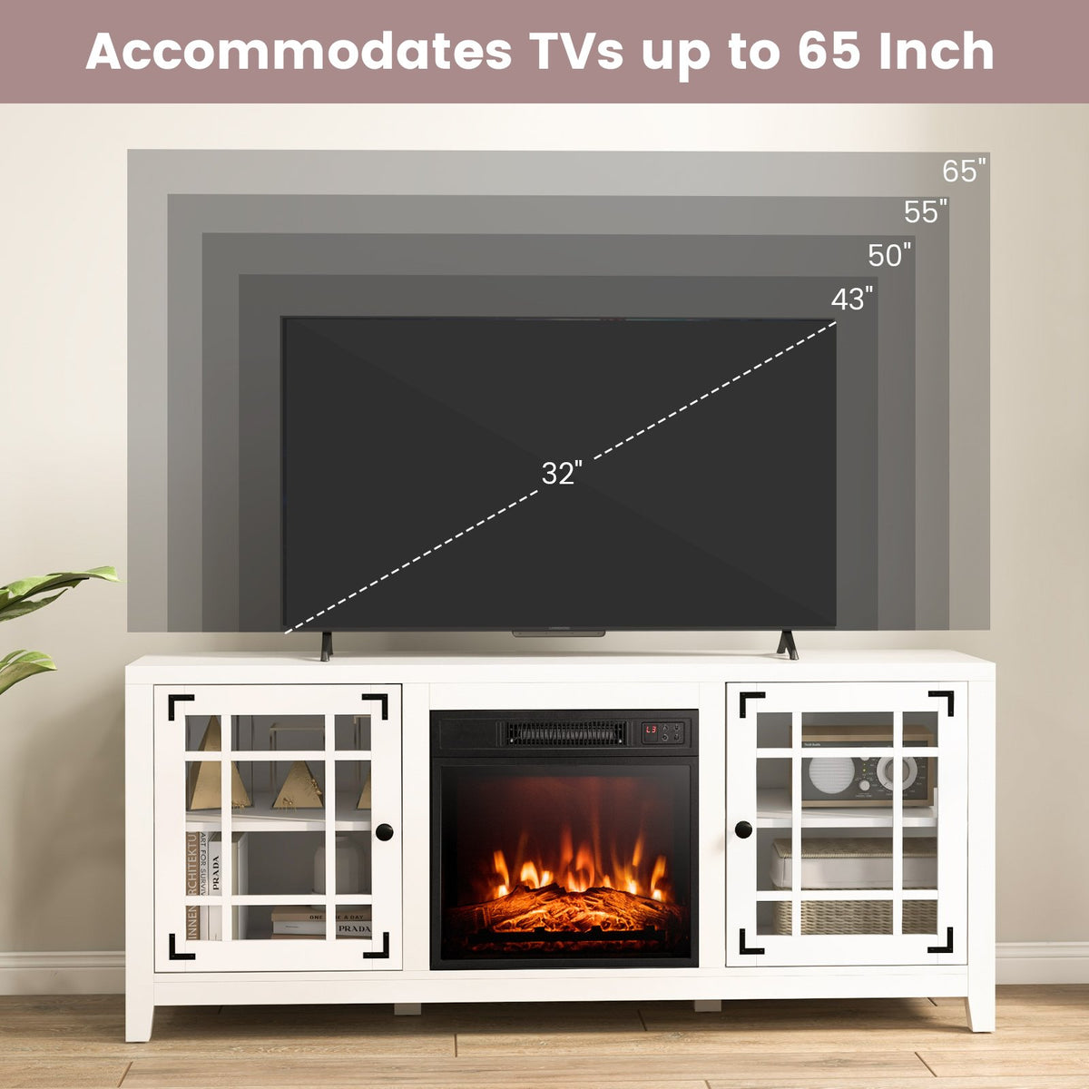 58 Inch Fireplace TV Stand with Adjustable Shelves for TVs up to 65 Inch-White view 7