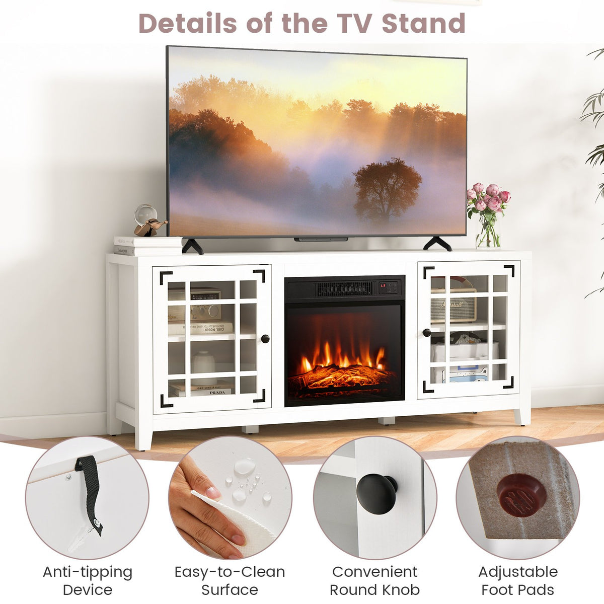 58 Inch Fireplace TV Stand with Adjustable Shelves for TVs up to 65 Inch-White view 9