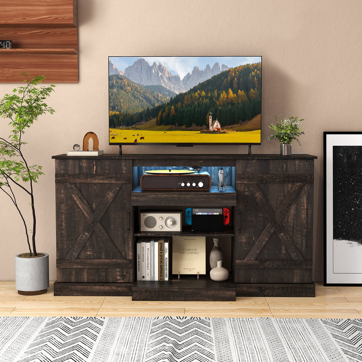 58 Inches TV stand for TVs up to 65 Inches with 20 Color Led Lights-Coffee view 2