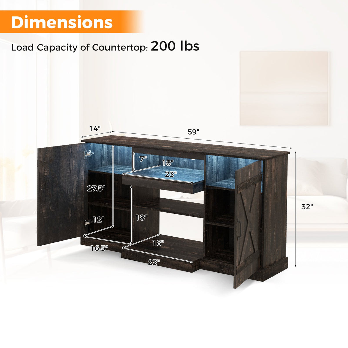 58 Inches TV stand for TVs up to 65 Inches with 20 Color Led Lights-Coffee view 4