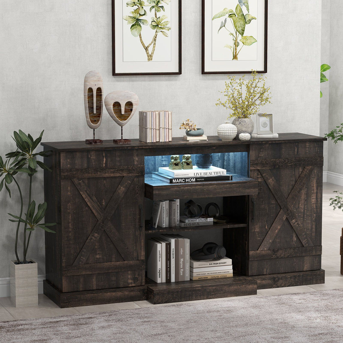 58 Inches TV stand for TVs up to 65 Inches with 20 Color Led Lights-Coffee view 5