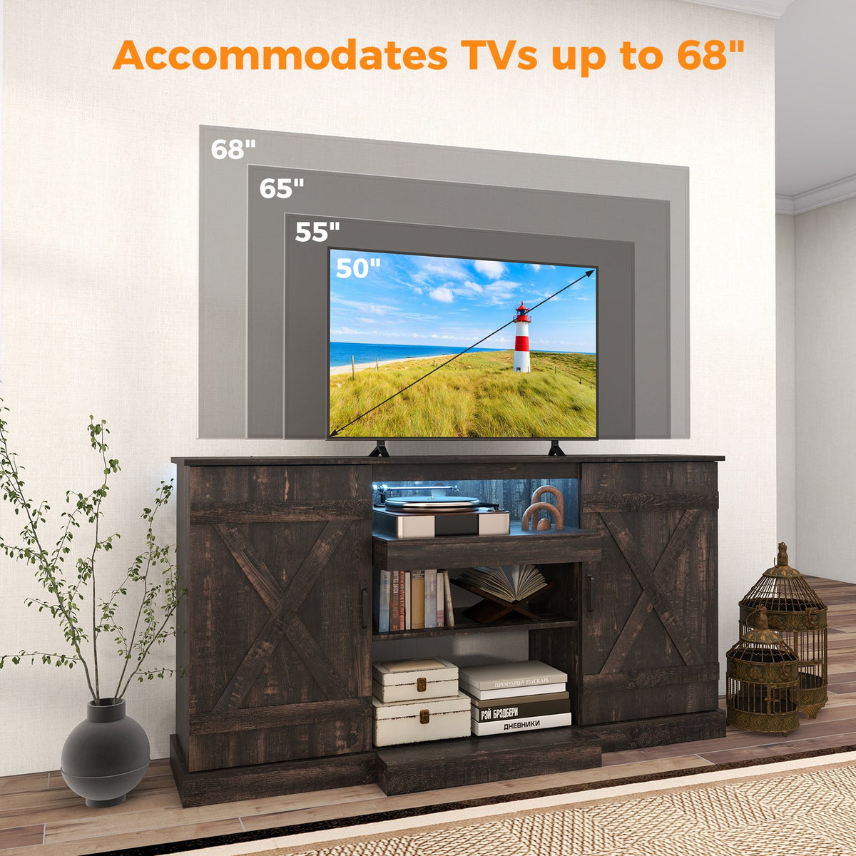 58 Inches TV stand for TVs up to 65 Inches with 20 Color Led Lights-Coffee view 7