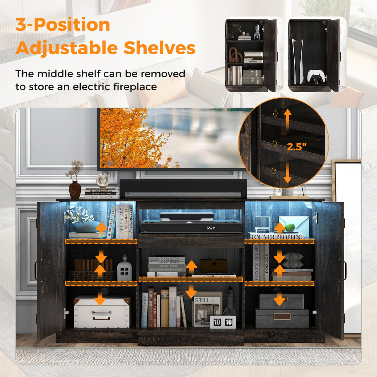 58 Inches TV stand for TVs up to 65 Inches with 20 Color Led Lights-Coffee view 8