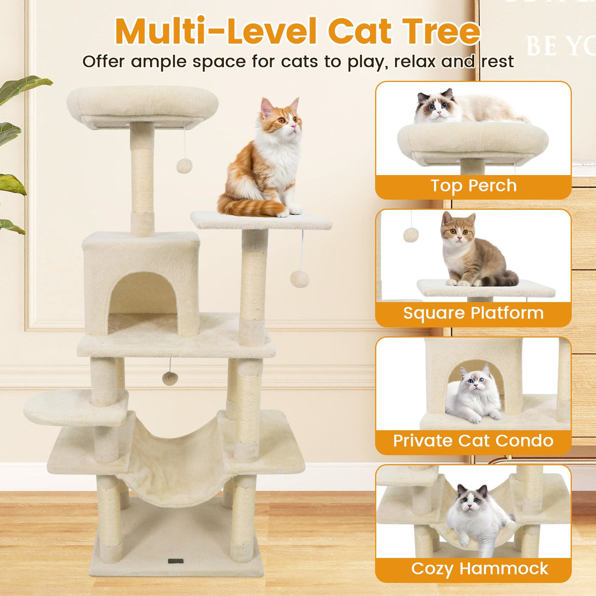 58 inches Multi-Level Cat Tree Soft Plush Cat Tower with Padded Top Perch-Beige view 6
