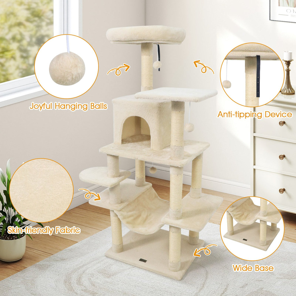 58 inches Multi-Level Cat Tree Soft Plush Cat Tower with Padded Top Perch-Beige view 8
