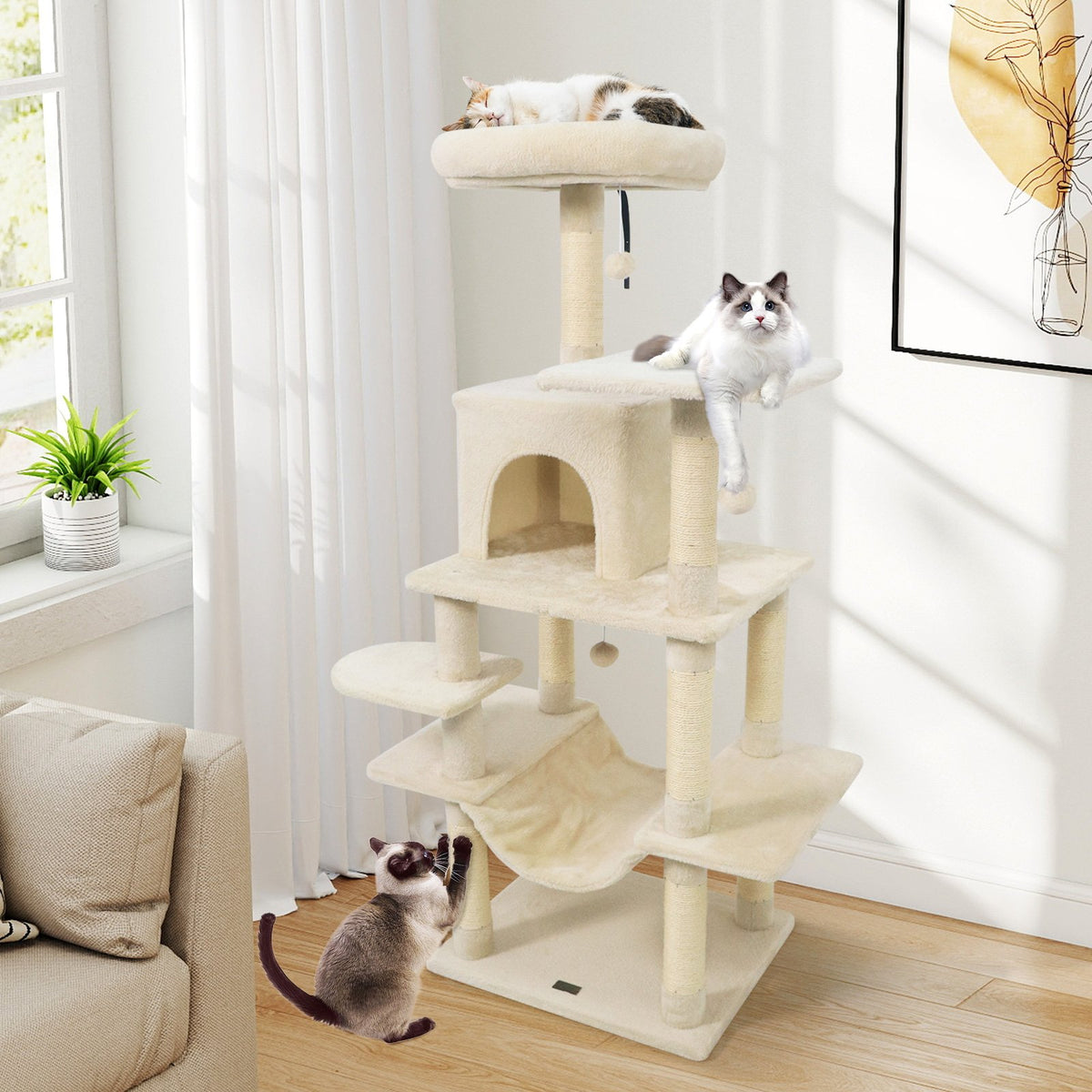 58 inches Multi-Level Cat Tree Soft Plush Cat Tower with Padded Top Perch-Beige view 9