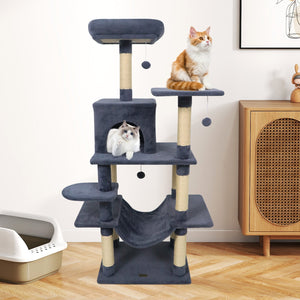 58 inches Multi-Level Cat Tree Soft Plush Cat Tower with Padded Top Perch-Grey view 2