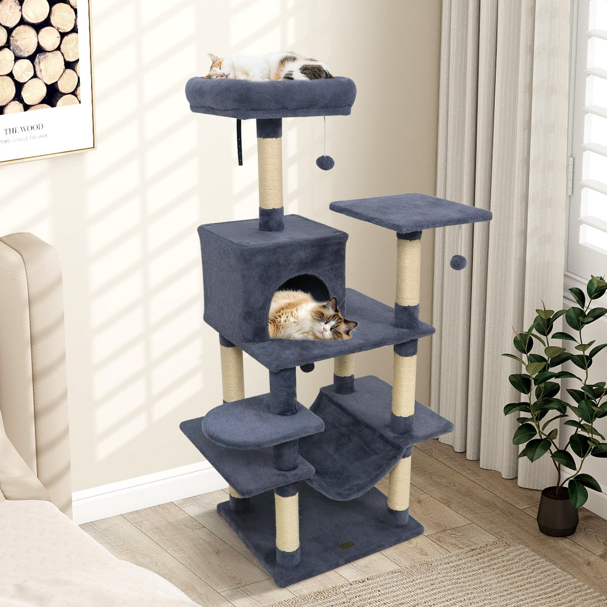 58 inches Multi-Level Cat Tree Soft Plush Cat Tower with Padded Top Perch-Grey view 3