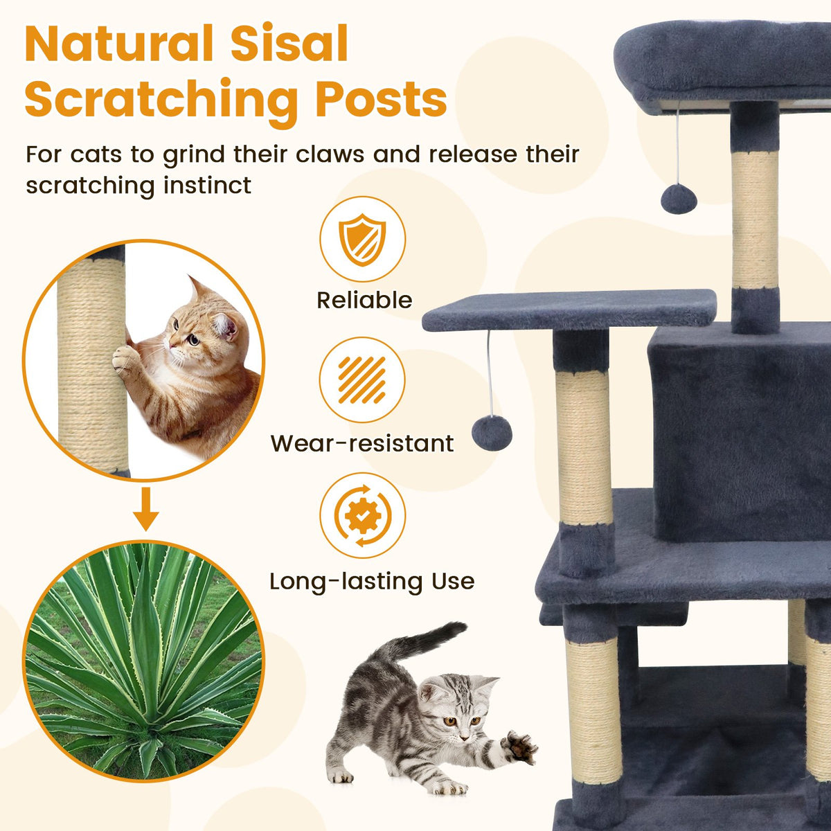 58 inches Multi-Level Cat Tree Soft Plush Cat Tower with Padded Top Perch-Grey view 6
