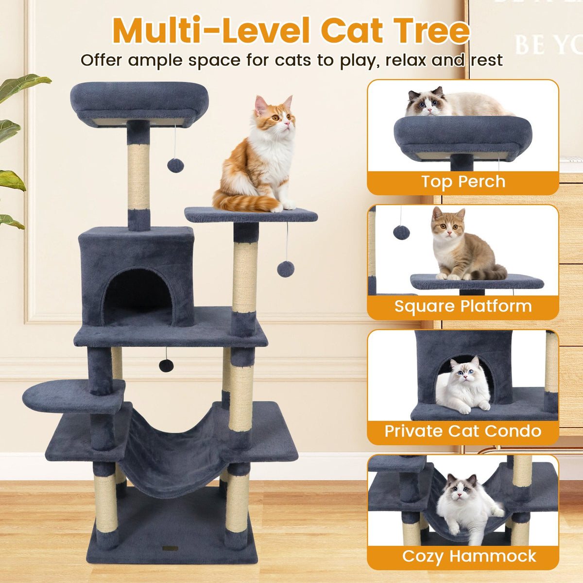 58 inches Multi-Level Cat Tree Soft Plush Cat Tower with Padded Top Perch-Grey view 7