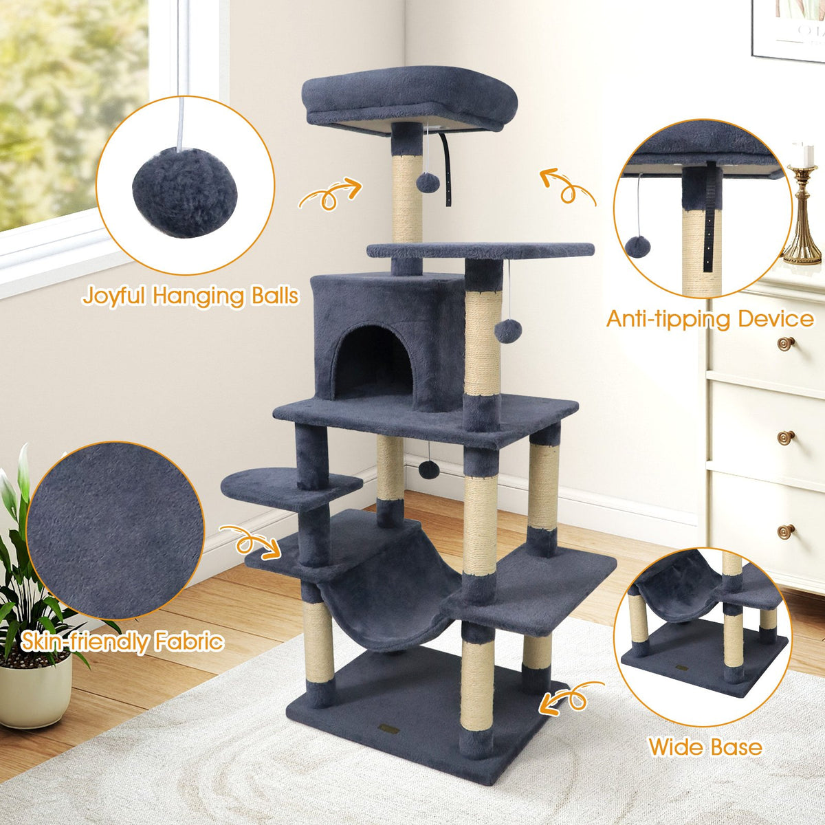 58 inches Multi-Level Cat Tree Soft Plush Cat Tower with Padded Top Perch-Grey view 9