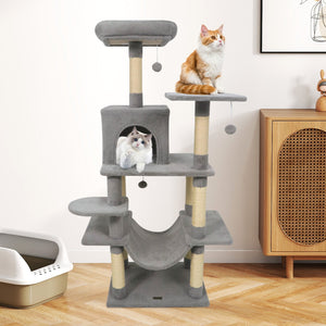 58 inches Multi-Level Cat Tree Soft Plush Cat Tower with Padded Top Perch-Light Gray view 2