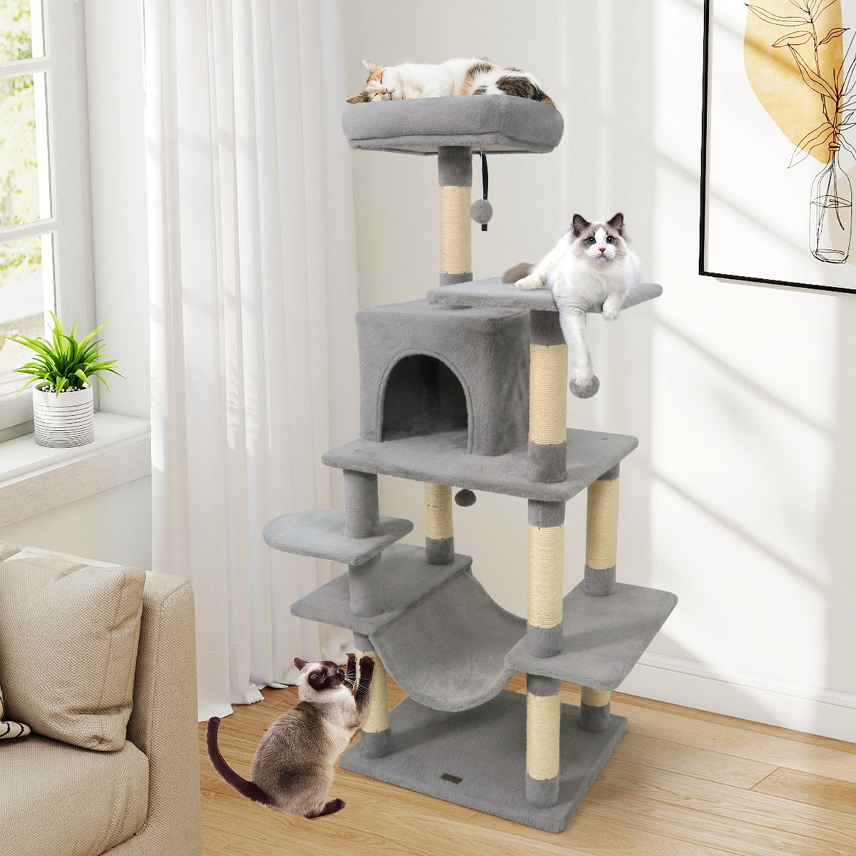 58 inches Multi-Level Cat Tree Soft Plush Cat Tower with Padded Top Perch-Light Gray view 3