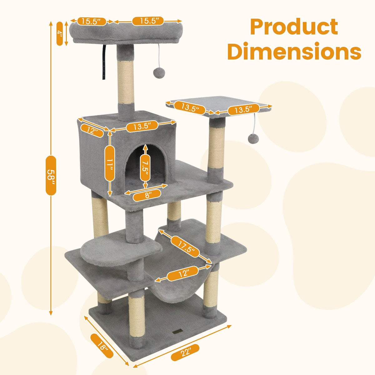 58 inches Multi-Level Cat Tree Soft Plush Cat Tower with Padded Top Perch-Light Gray view 5
