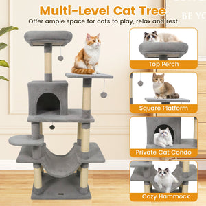 58 inches Multi-Level Cat Tree Soft Plush Cat Tower with Padded Top Perch-Light Gray view 7