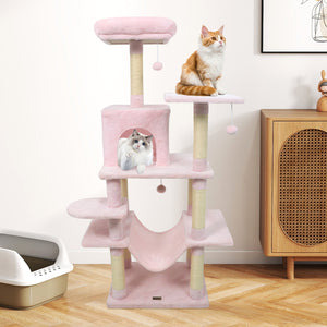 58 inches Multi-Level Cat Tree Soft Plush Cat Tower with Padded Top Perch-Pink view 2