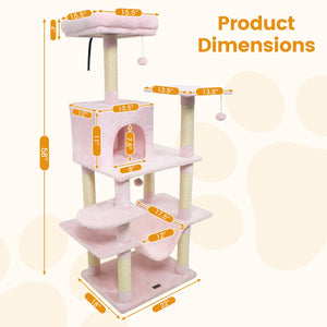 58 inches Multi-Level Cat Tree Soft Plush Cat Tower with Padded Top Perch-Pink view 5