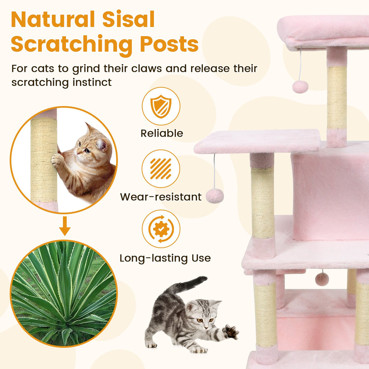 58 inches Multi-Level Cat Tree Soft Plush Cat Tower with Padded Top Perch-Pink view 6