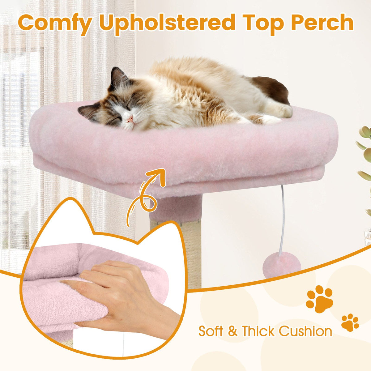 58 inches Multi-Level Cat Tree Soft Plush Cat Tower with Padded Top Perch-Pink view 8