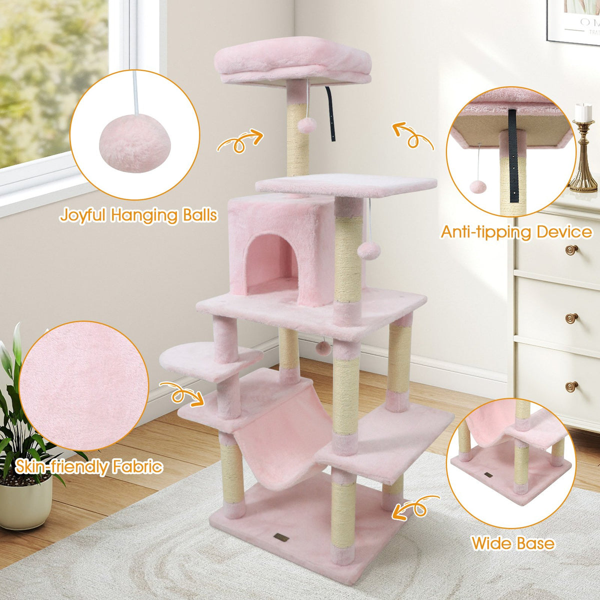58 inches Multi-Level Cat Tree Soft Plush Cat Tower with Padded Top Perch-Pink view 9