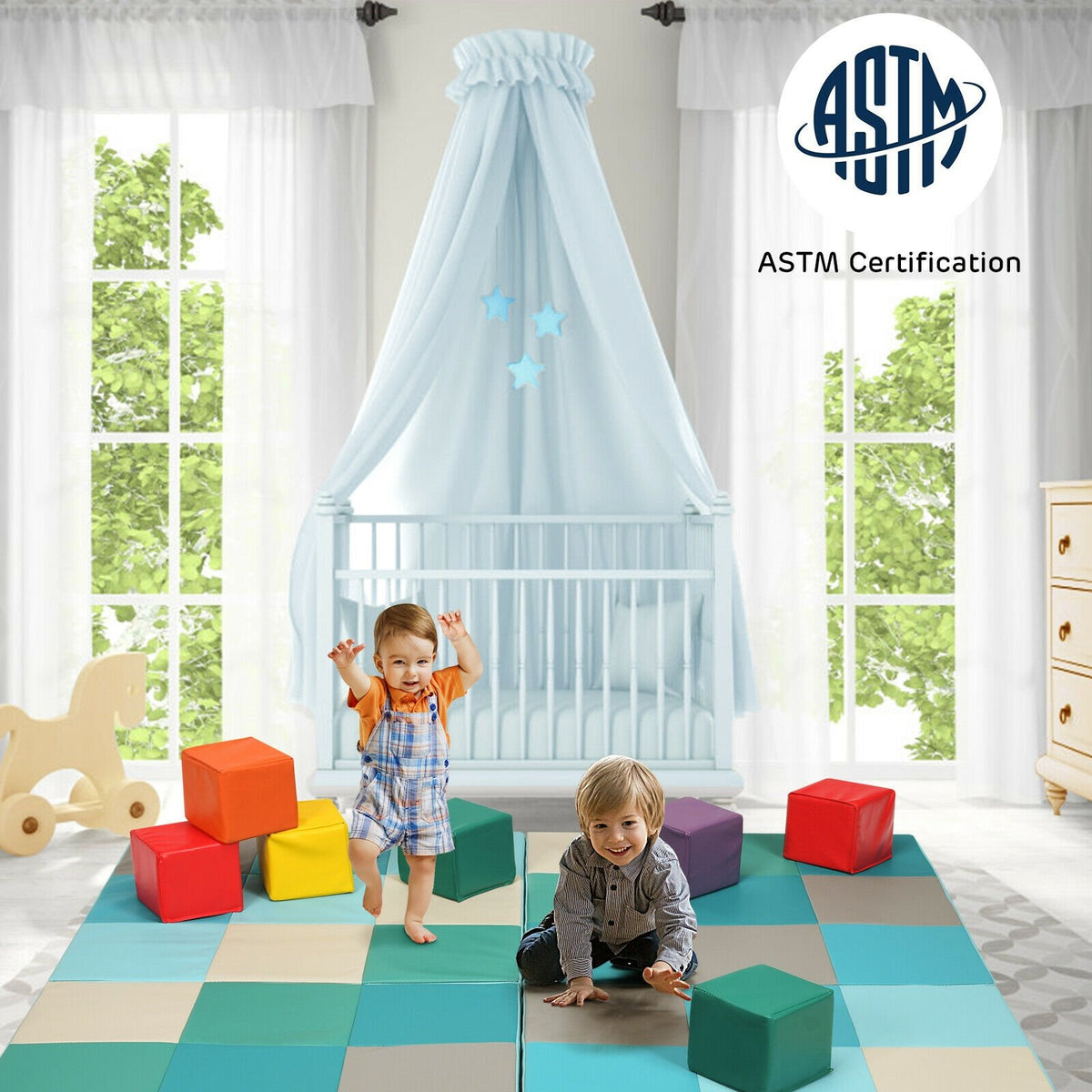58 Inch Toddler Foam Play Mat Baby Folding Activity Floor Mat-Light Blue view 8