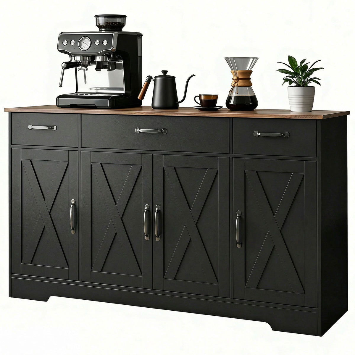 Sideboard Buffet Cabinet, 55" Farmhouse Kitchen Cabinet with 4 Barn Doors, 3 Drawers, 3 Adjustable Shelves