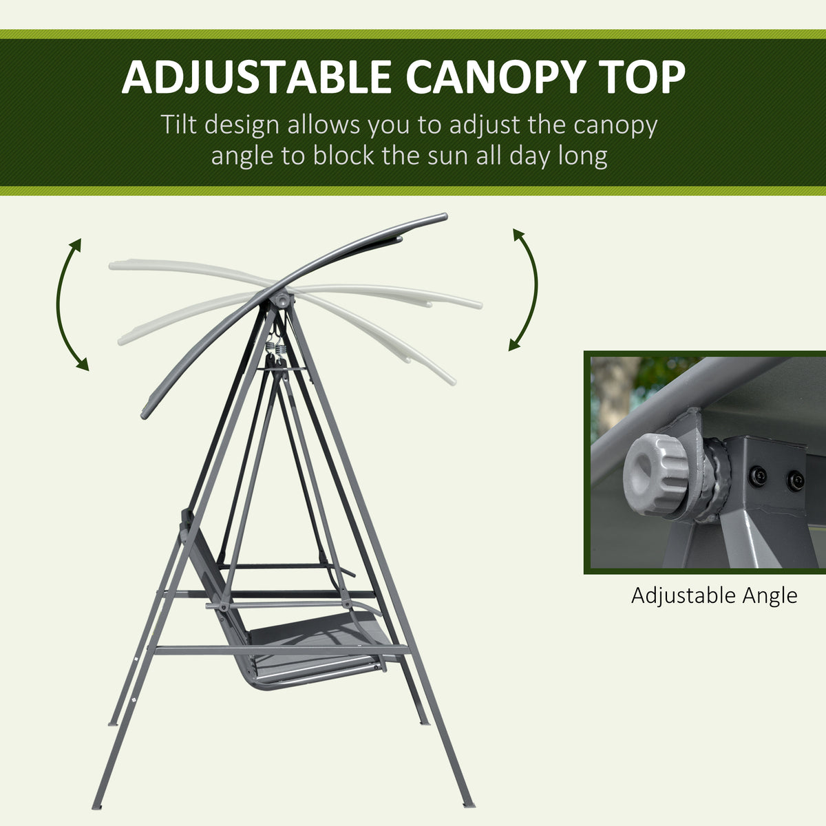 2-Seat Outdoor Porch Swing Patio Swing with Adjustable Canopy, Removable Seat and and Steel Frame for Garden, Poolside