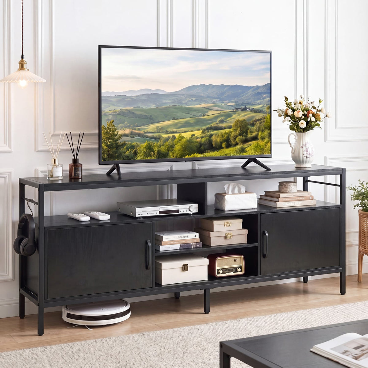 58 Inch Industrial TV Stand with Cabinets and Adjustable Shelf for TVs up to 65 Inch-Black view 2