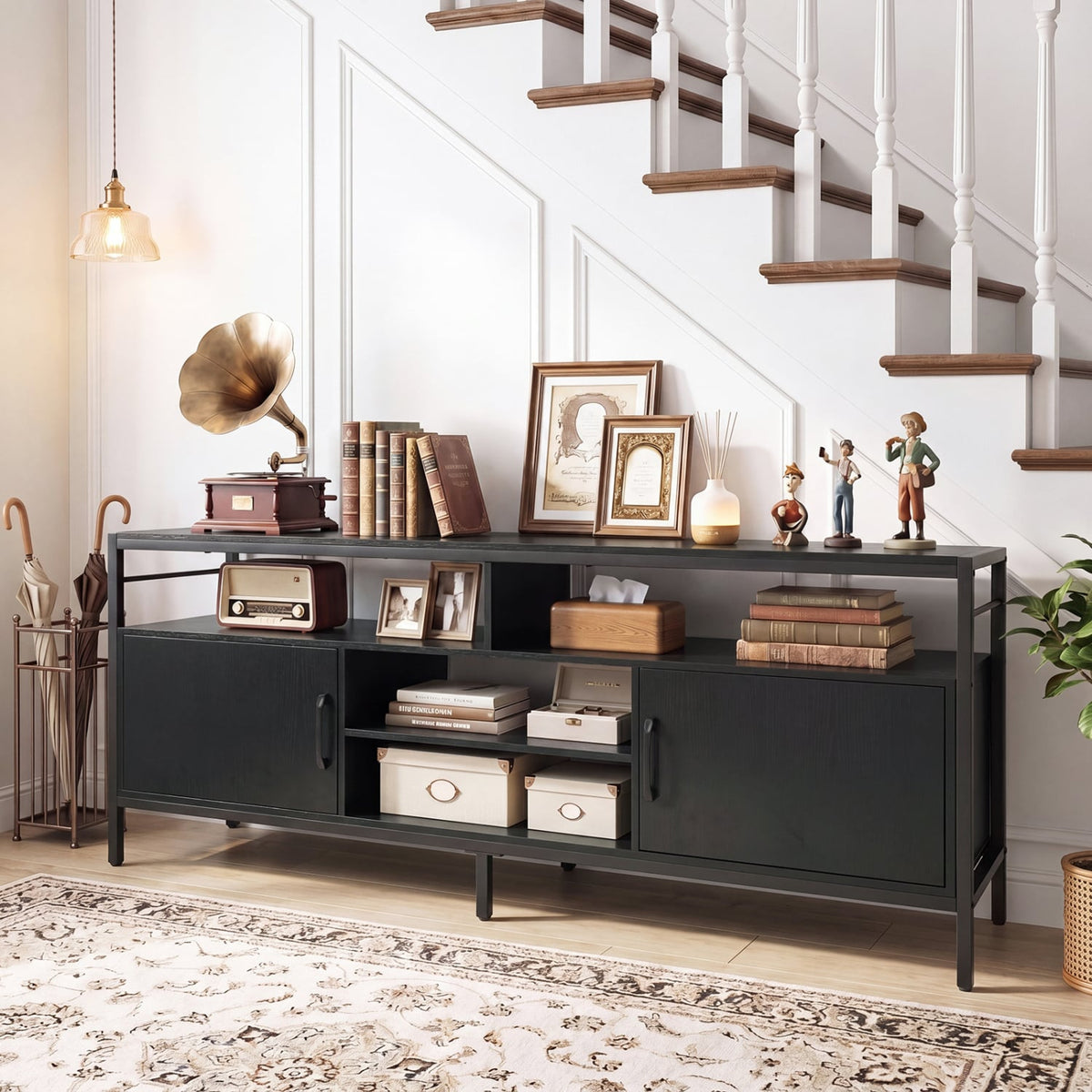 58 Inch Industrial TV Stand with Cabinets and Adjustable Shelf for TVs up to 65 Inch-Black view 3