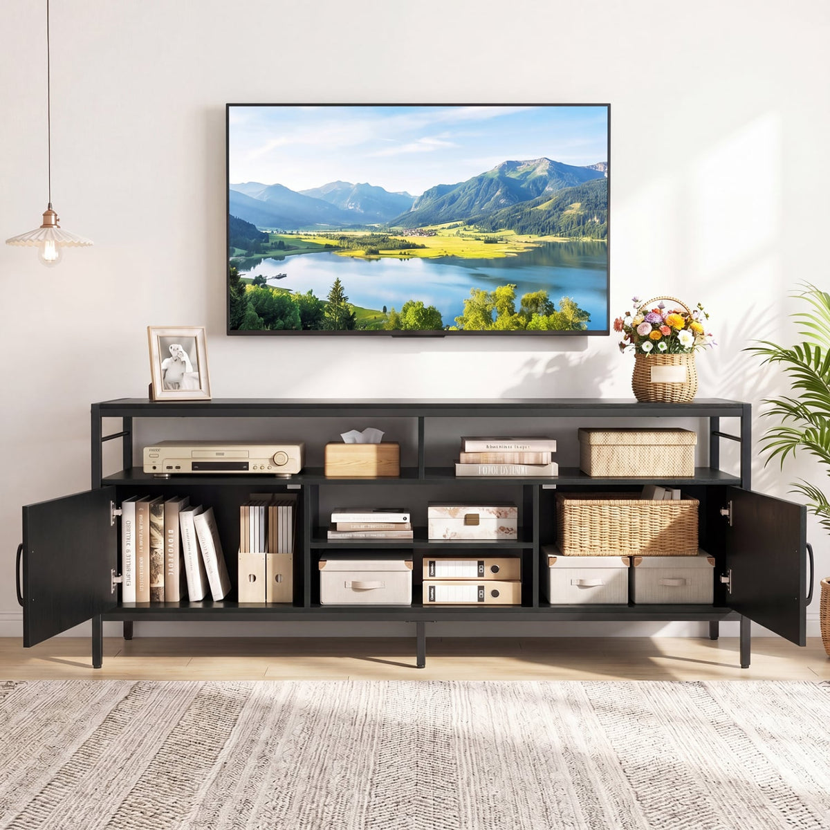 58 Inch Industrial TV Stand with Cabinets and Adjustable Shelf for TVs up to 65 Inch-Black view 6