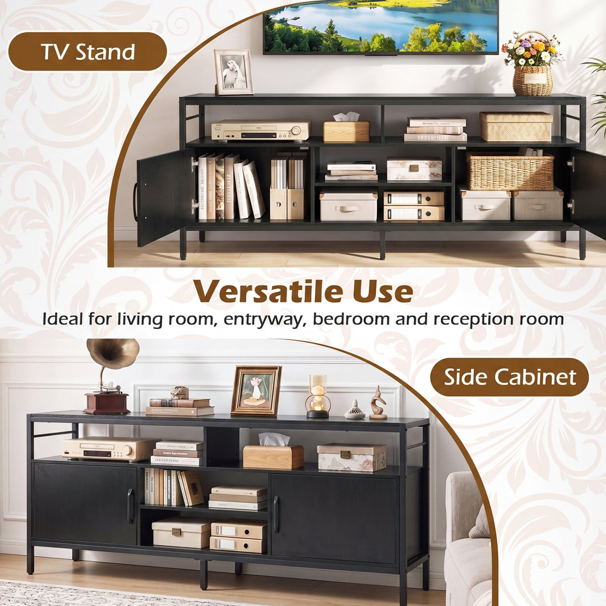 58 Inch Industrial TV Stand with Cabinets and Adjustable Shelf for TVs up to 65 Inch-Black view 8