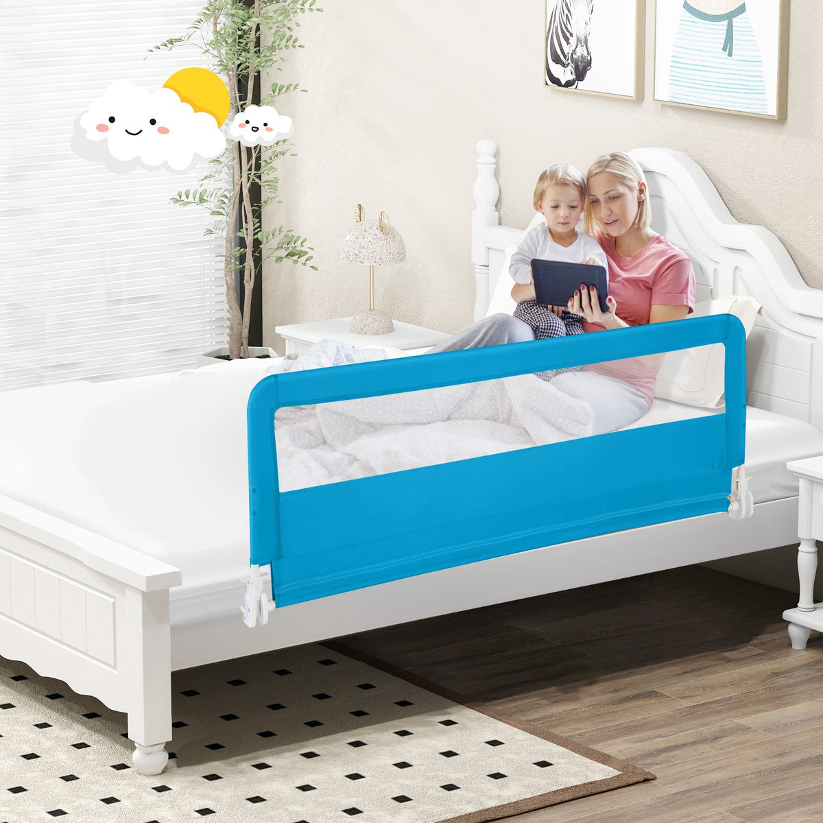 59 Inch Extra Long Folding Breathable Baby Children Toddlers Bed Rail Guard with Safety Strap-Blue view 2