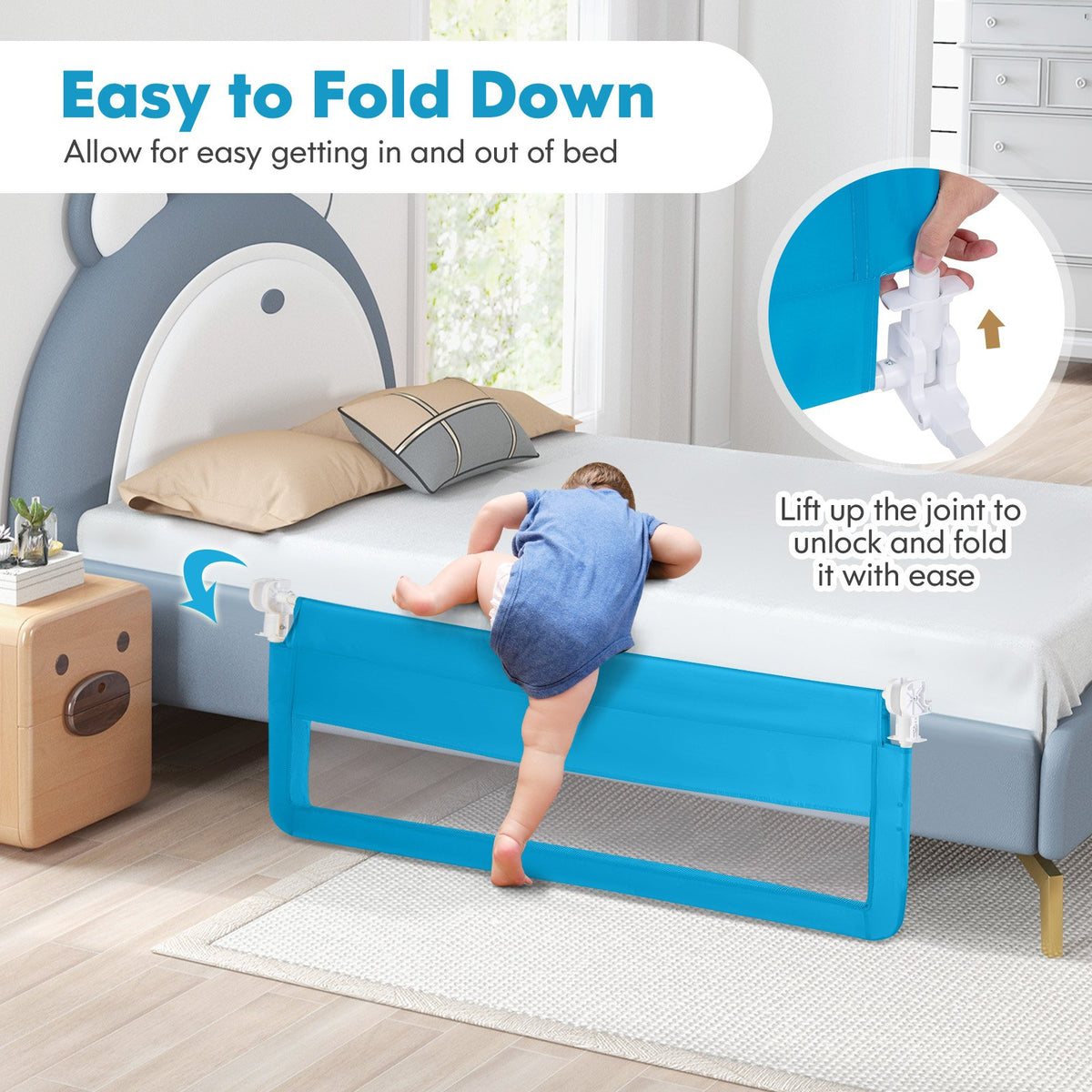 59 Inch Extra Long Folding Breathable Baby Children Toddlers Bed Rail Guard with Safety Strap-Blue view 6