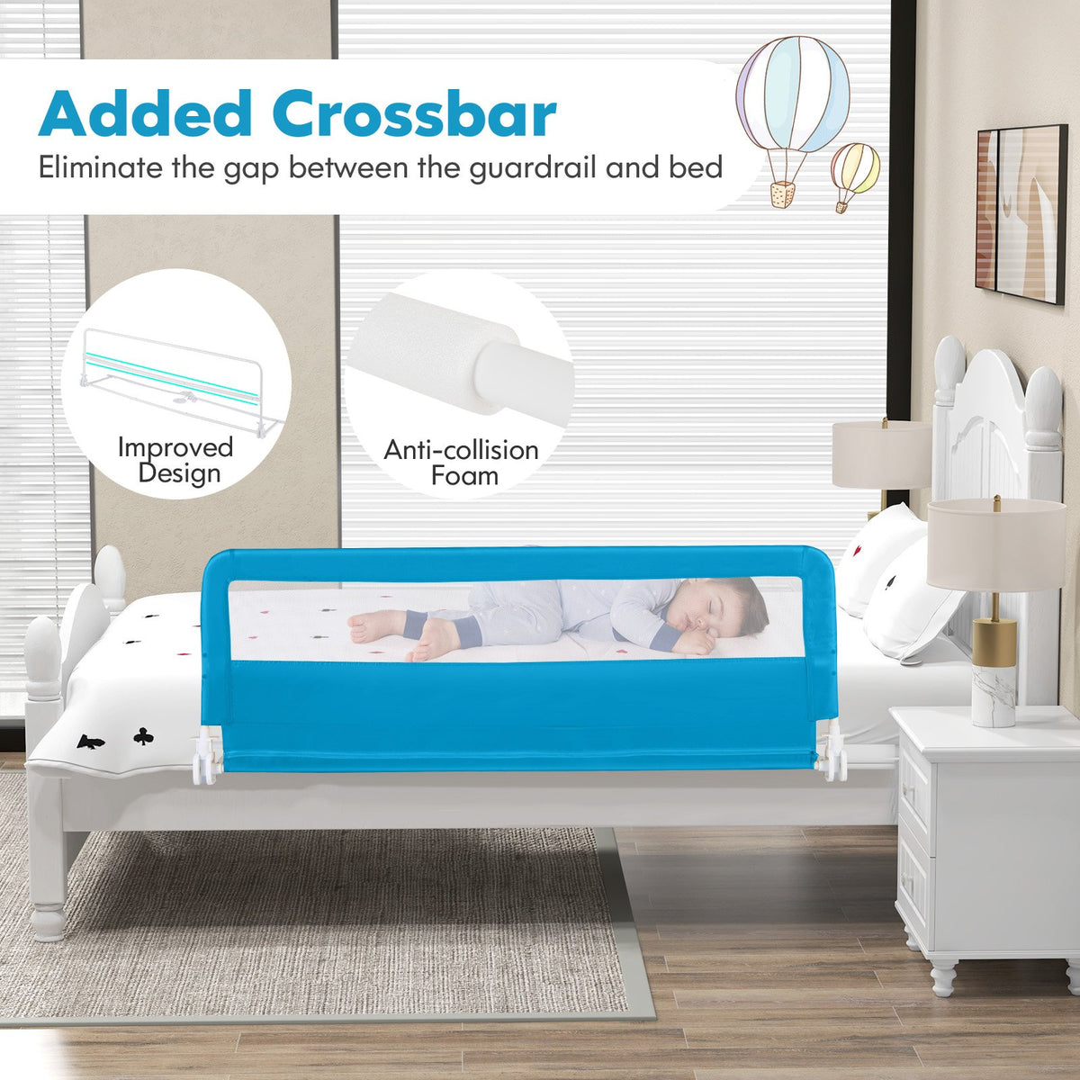 59 Inch Extra Long Folding Breathable Baby Children Toddlers Bed Rail Guard with Safety Strap-Blue view 8