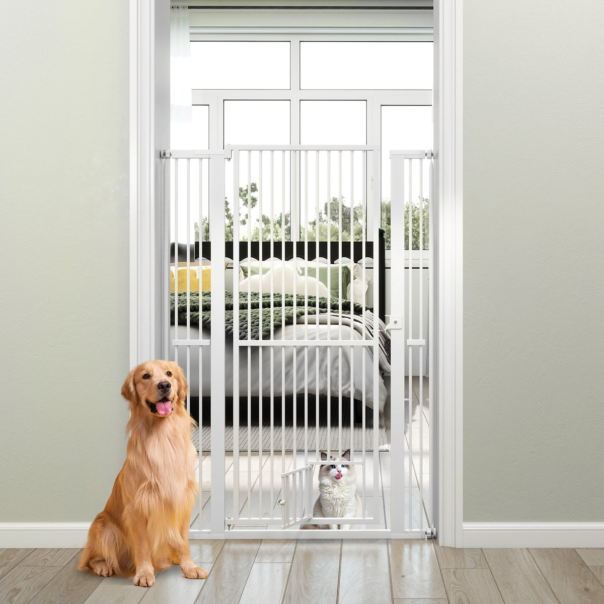 59” Extra Tall Pet Gate Heavy-Duty Metal Cat Gate with Wide Opening-White view 2