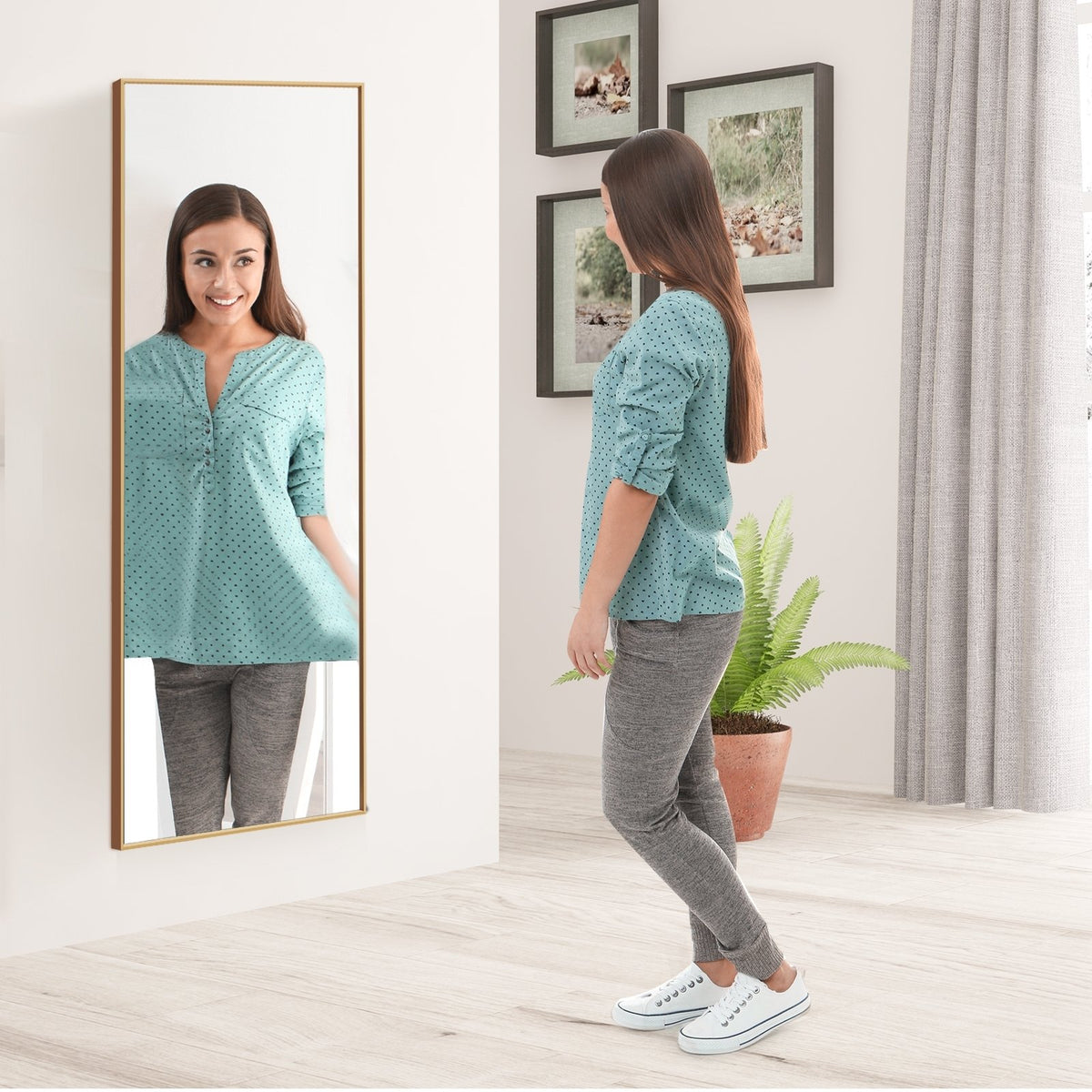 59 Inch Full Length Mirror Large Rectangle Bedroom Mirror-Golden view 2
