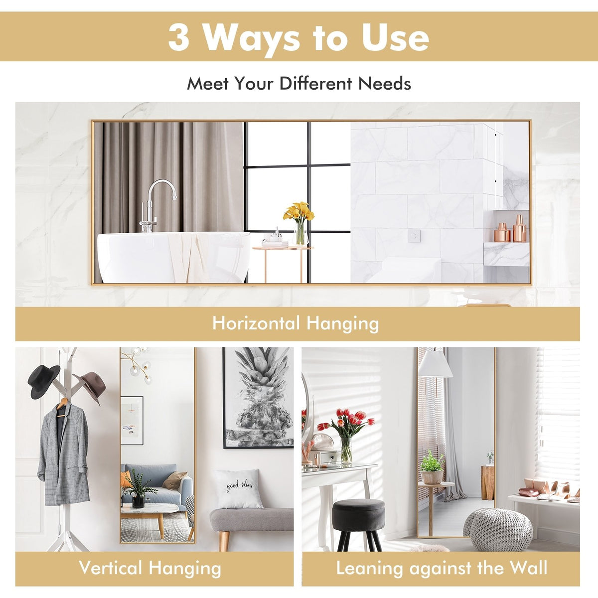 59 Inch Full Length Mirror Large Rectangle Bedroom Mirror-Golden view 3