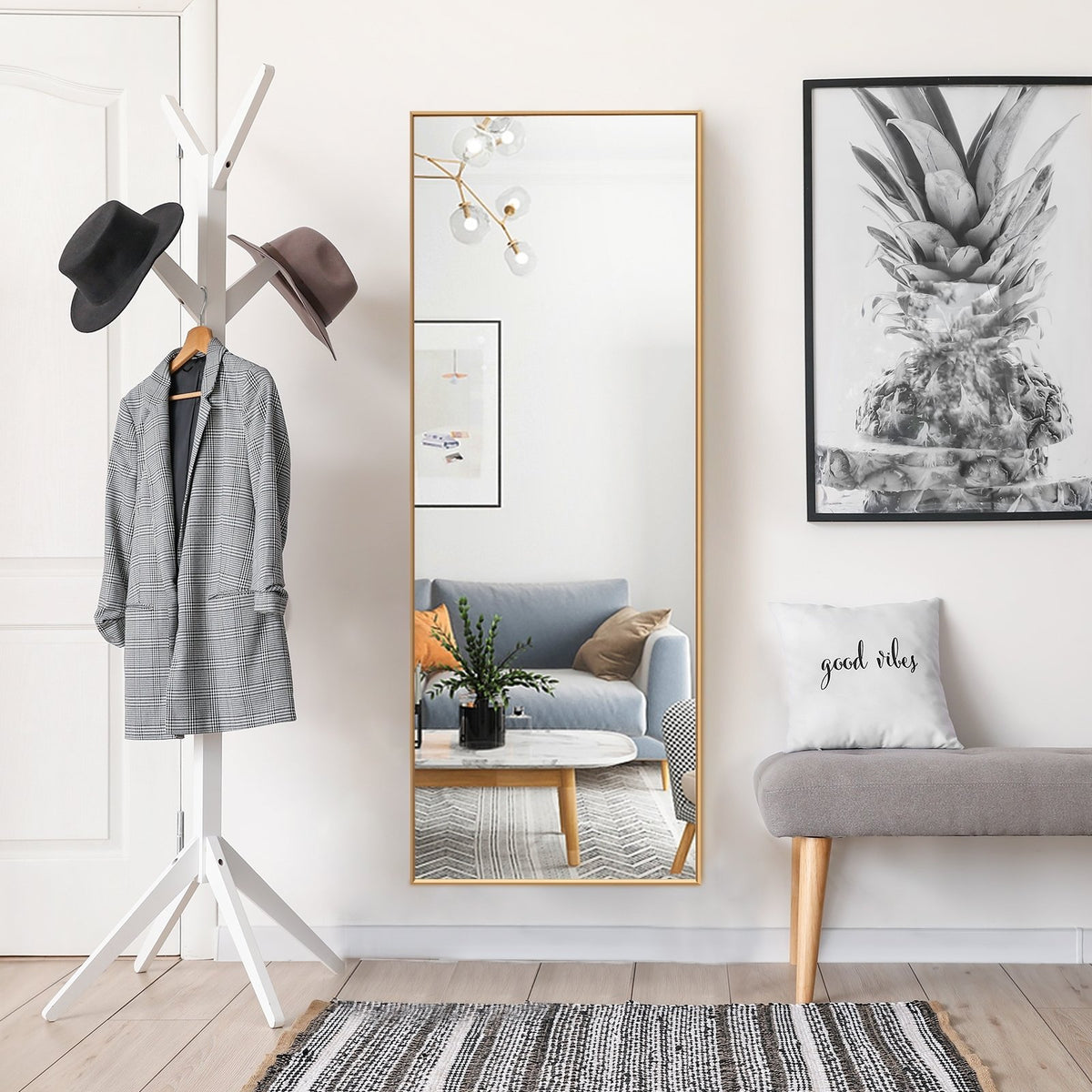 59 Inch Full Length Mirror Large Rectangle Bedroom Mirror-Golden view 7