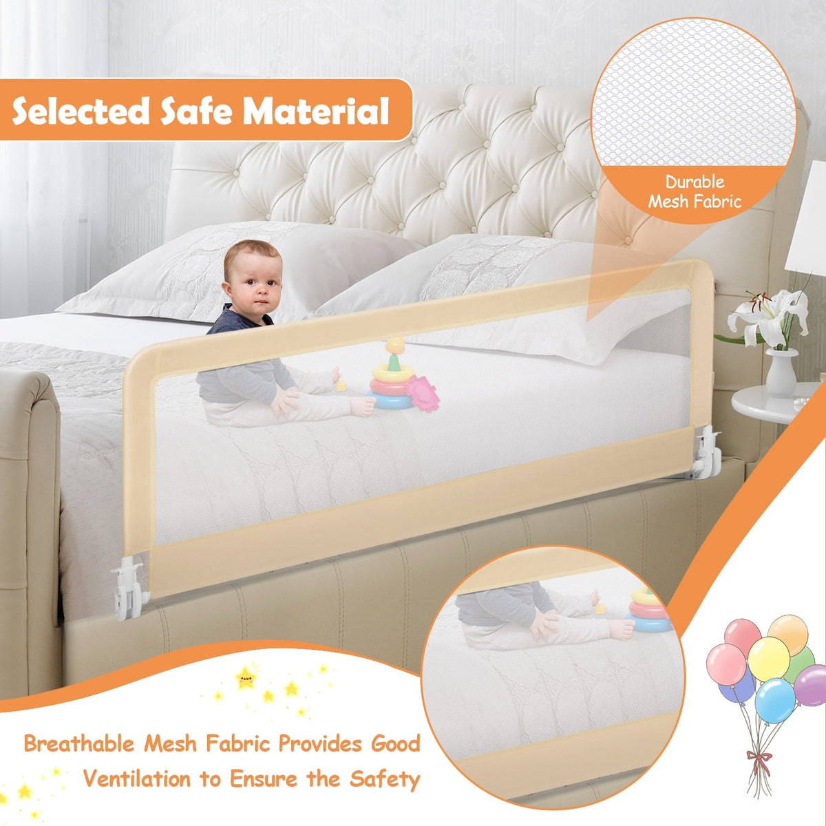 59 Inch Extra Long Folding Breathable Baby Children Toddlers Bed Rail Guard with Safety Strap-Beige view 3
