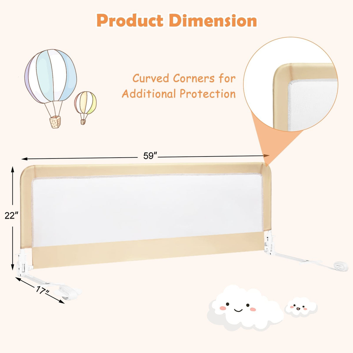 59 Inch Extra Long Folding Breathable Baby Children Toddlers Bed Rail Guard with Safety Strap-Beige view 5