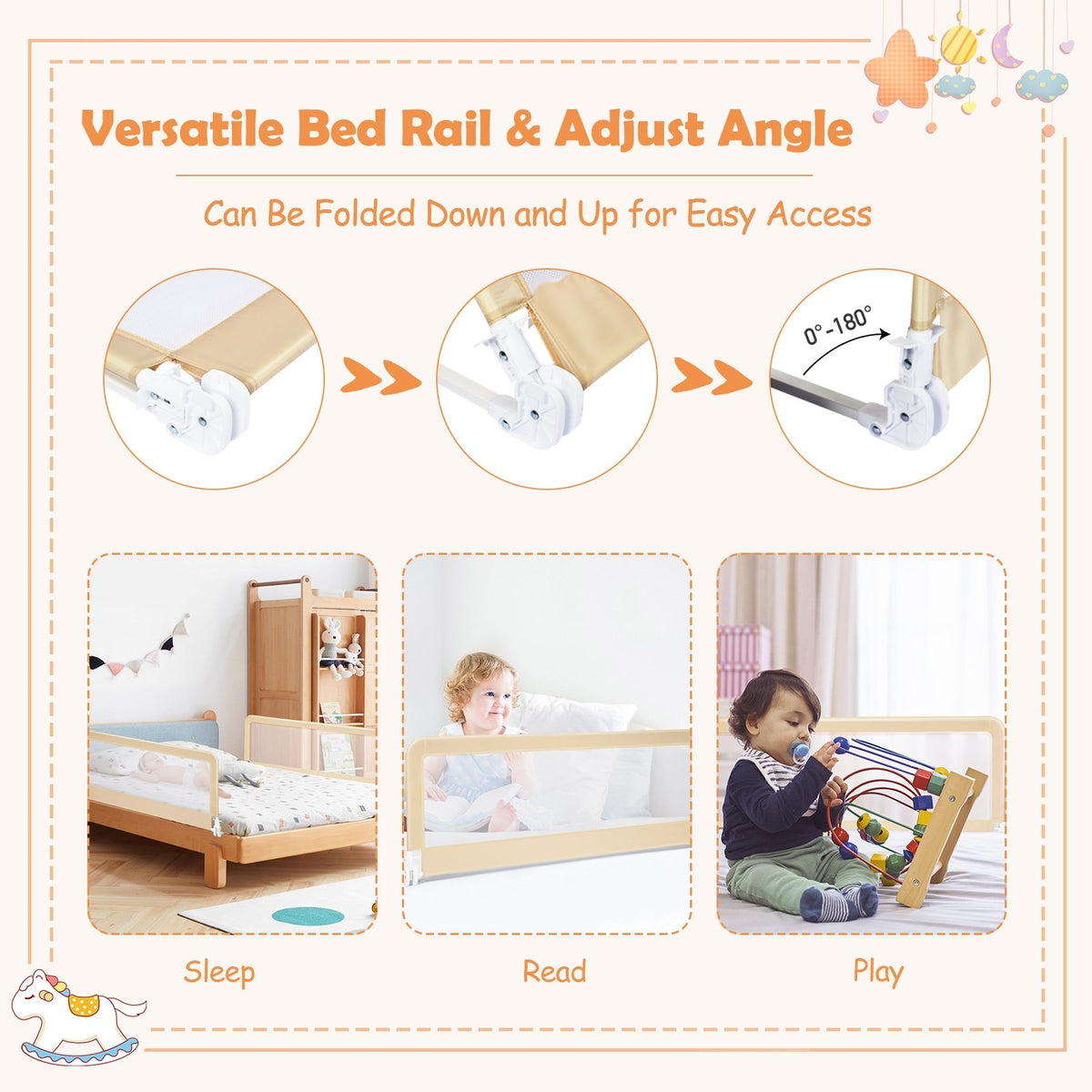 59 Inch Extra Long Folding Breathable Baby Children Toddlers Bed Rail Guard with Safety Strap-Beige view 6