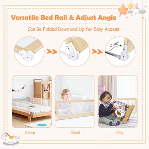 59 Inch Extra Long Folding Breathable Baby Children Toddlers Bed Rail Guard with Safety Strap-Beige view 6