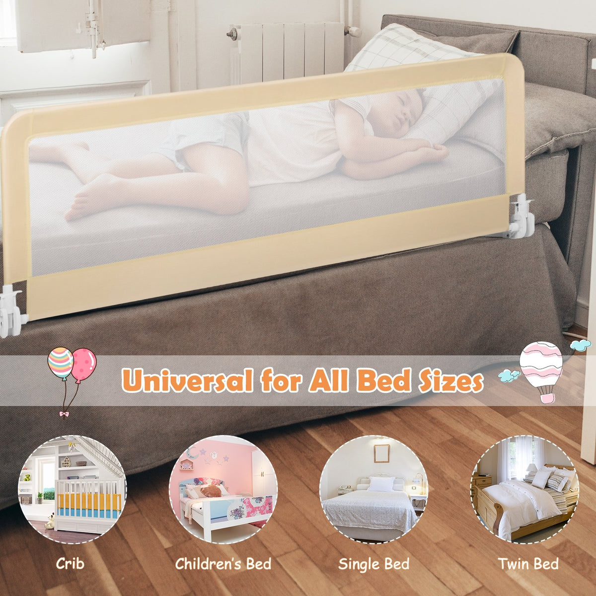 59 Inch Extra Long Folding Breathable Baby Children Toddlers Bed Rail Guard with Safety Strap-Beige view 8