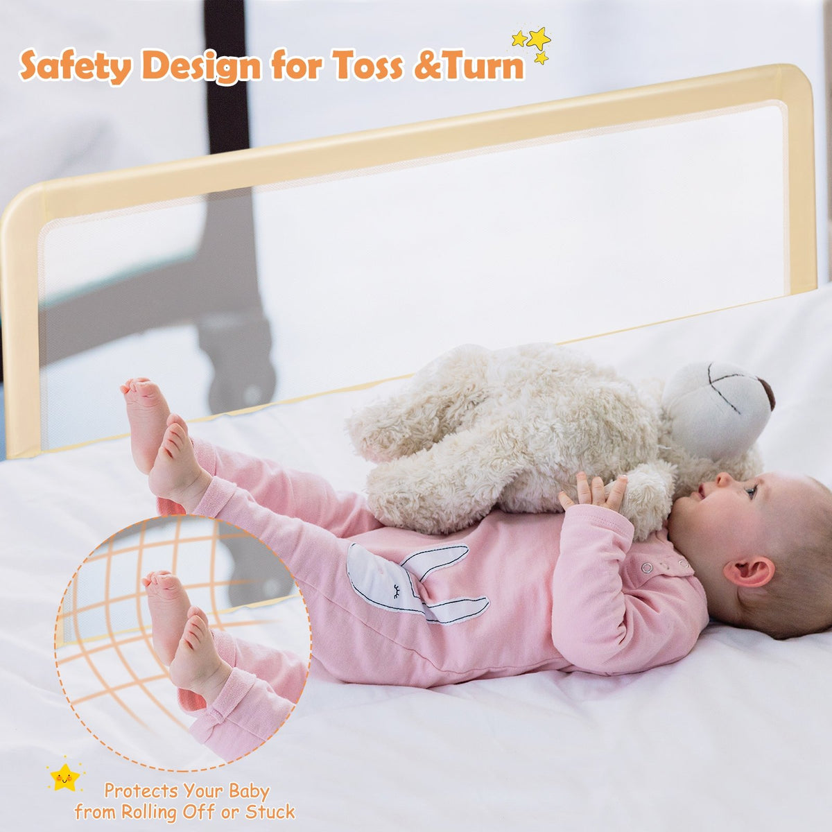 59 Inch Extra Long Folding Breathable Baby Children Toddlers Bed Rail Guard with Safety Strap-Beige view 9