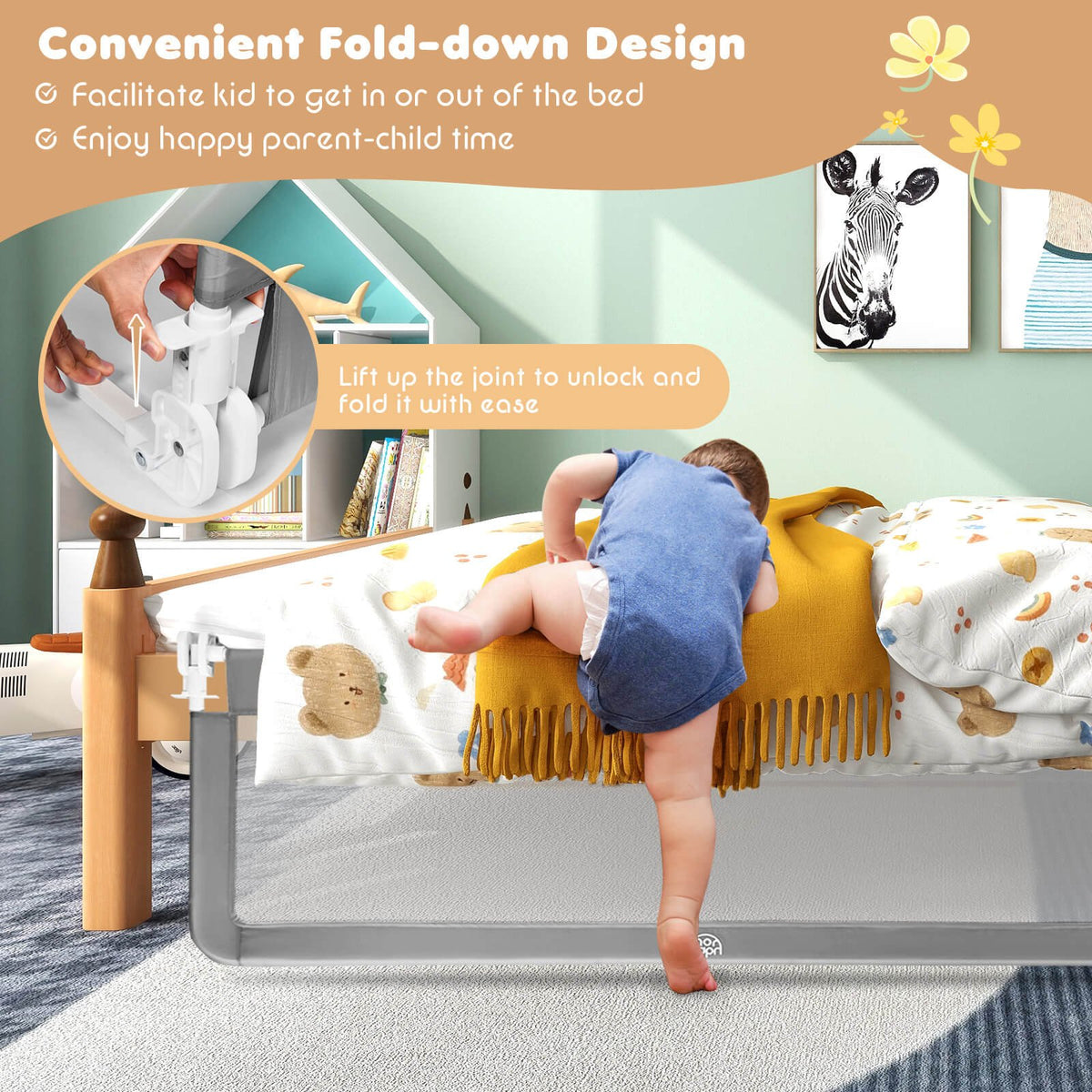 59 Inch Extra Long Folding Breathable Baby Children Toddlers Bed Rail Guard with Safety Strap-Gray view 2