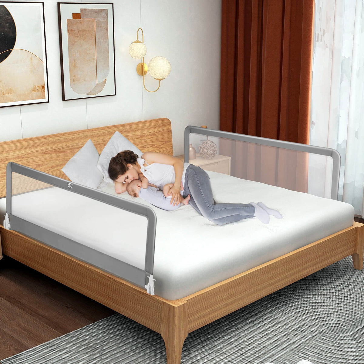 59 Inch Extra Long Folding Breathable Baby Children Toddlers Bed Rail Guard with Safety Strap-Gray view 3