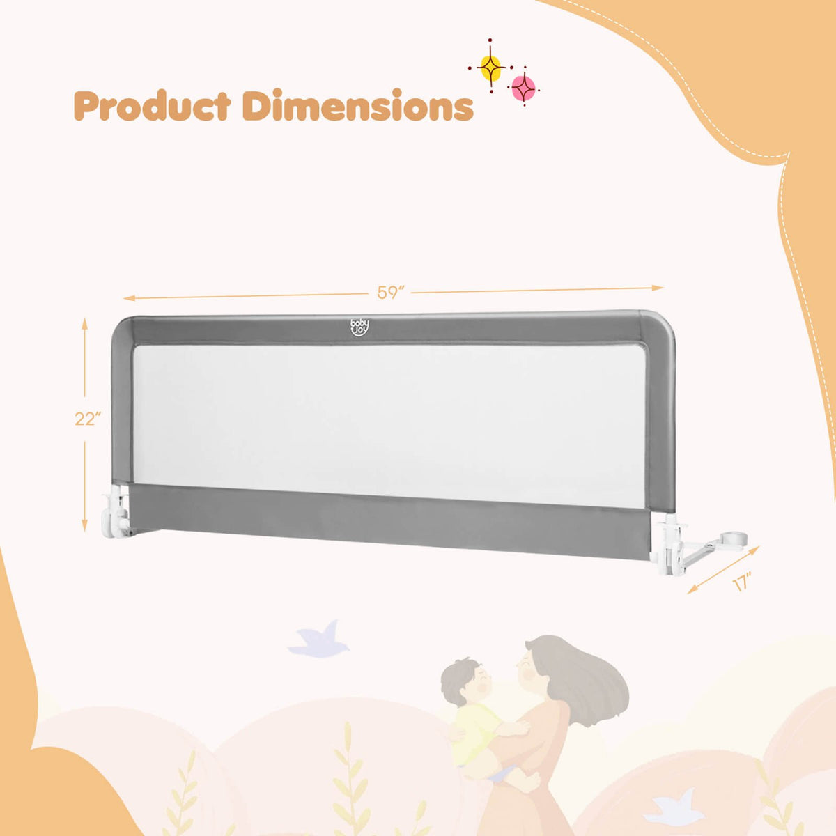59 Inch Extra Long Folding Breathable Baby Children Toddlers Bed Rail Guard with Safety Strap-Gray view 4