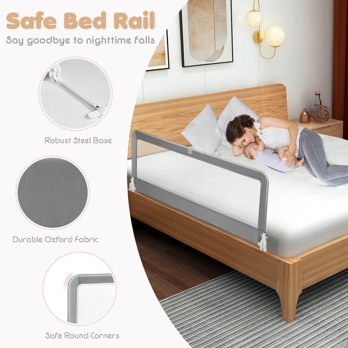 59 Inch Extra Long Folding Breathable Baby Children Toddlers Bed Rail Guard with Safety Strap-Gray view 5