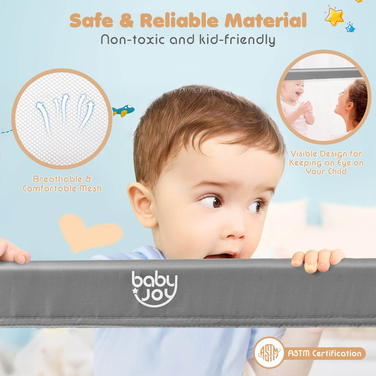59 Inch Extra Long Folding Breathable Baby Children Toddlers Bed Rail Guard with Safety Strap-Gray view 9