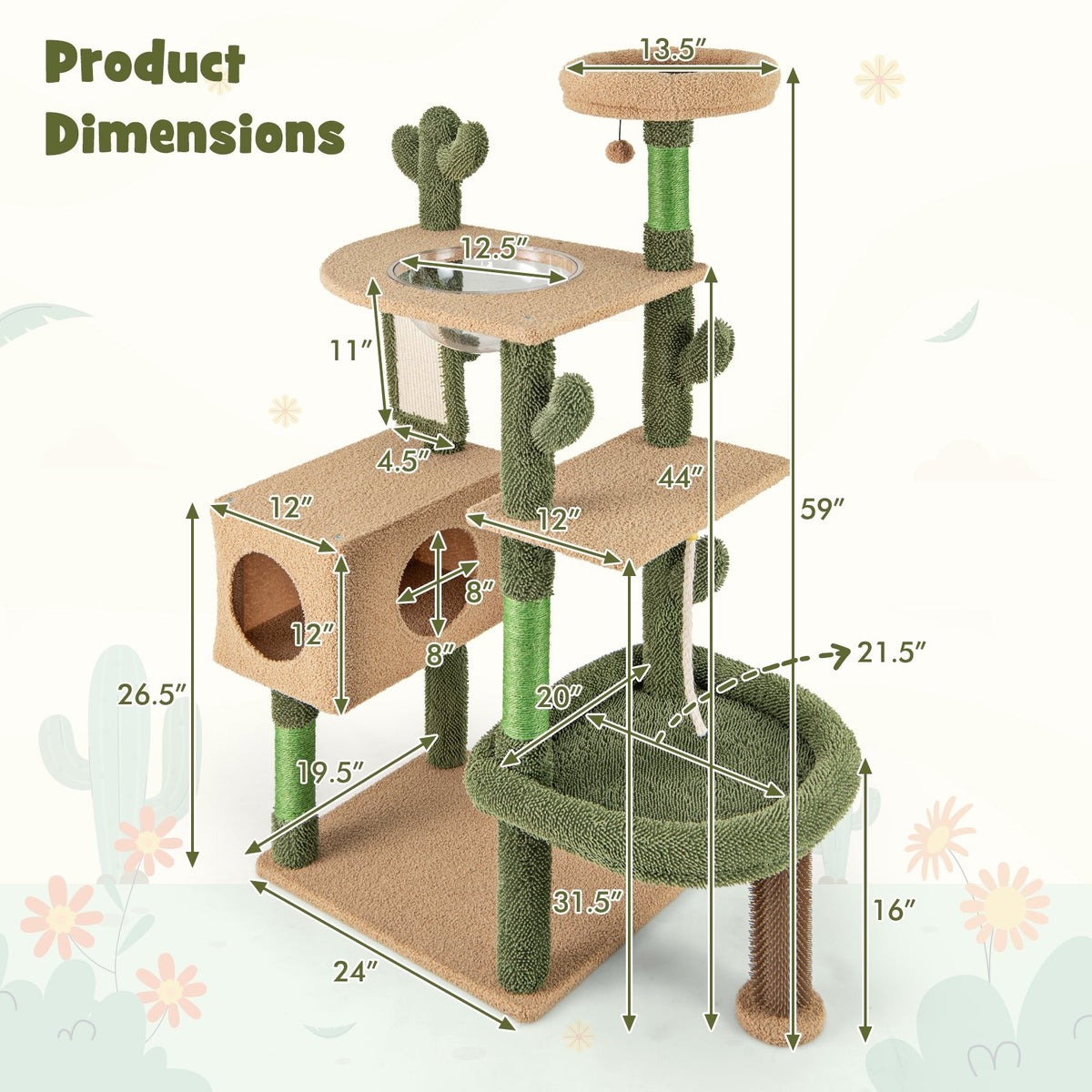 59 Inch Multilevel Cactus Cat Tree with Scratching Posts Cando Toy and Rope-Green view 5
